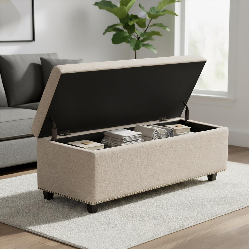 SIMPLIHOME Hamilton Storage Ottoman - 48 in Wide Upholstered Linen Look Fabric Rectangle Storage Ottoman Bench in Natural Beige, Traditional Tufted Ottoman for Living Room or Entryway with Lift-Up Lid
