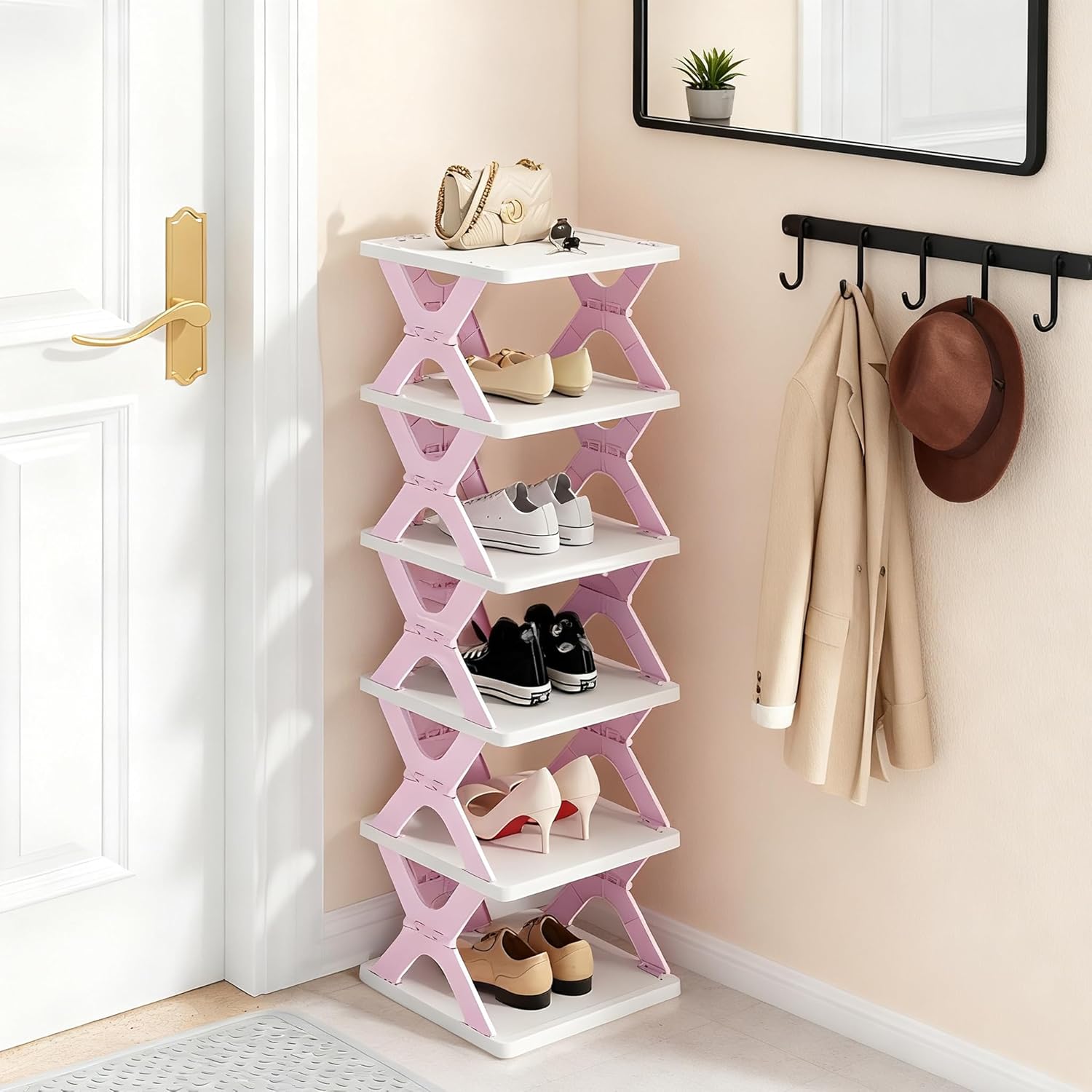 Shoe Rack, Collapsible Kids Shoe Rack, 6-Tier Small Foldable Shoe Organizer for Entryway, Dorm, Bedroom (Pink-x)