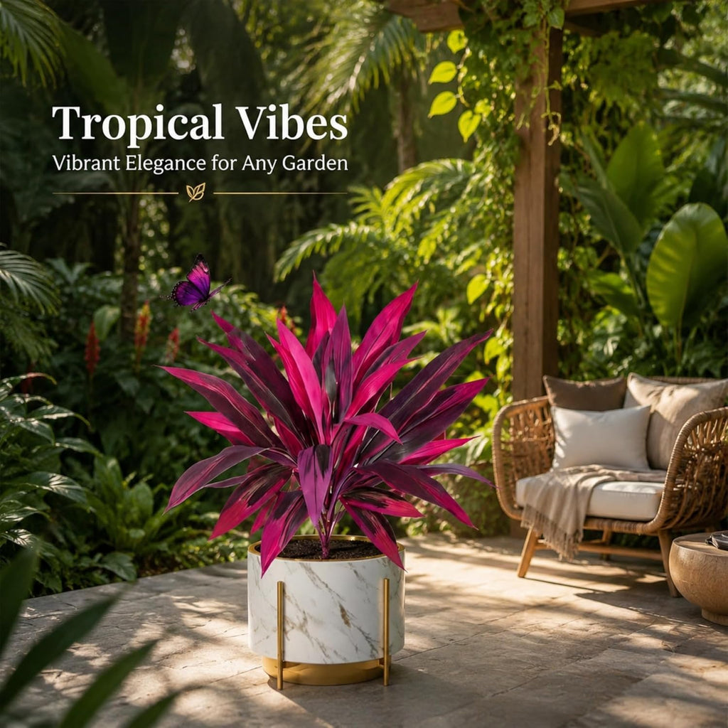 Large Realistic Artificial Boston Fern & Dragon's Blood Tree Artificial Turf UV Resistant Red Fern Ti Plants Vibrant Pink & Purple Faux Foliage Faux Fake Ferns Shrubs Outdoor Garden Decor