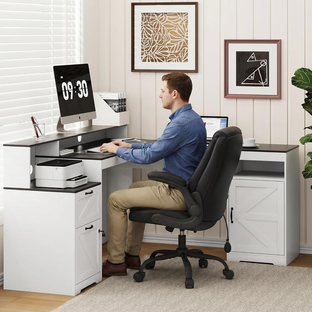 MALOL 63" Farmhouse L Shaped Executive Desk, Corner Computer Desk with Drawers & Storage Shelf, Home Office Desk with Power Outlet, Monitor Stand, Wood Grain Desktop, White & Black