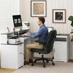 MALOL 63" Farmhouse L Shaped Executive Desk, Corner Computer Desk with Drawers & Storage Shelf, Home Office Desk with Power Outlet, Monitor Stand, Wood Grain Desktop, White & Black