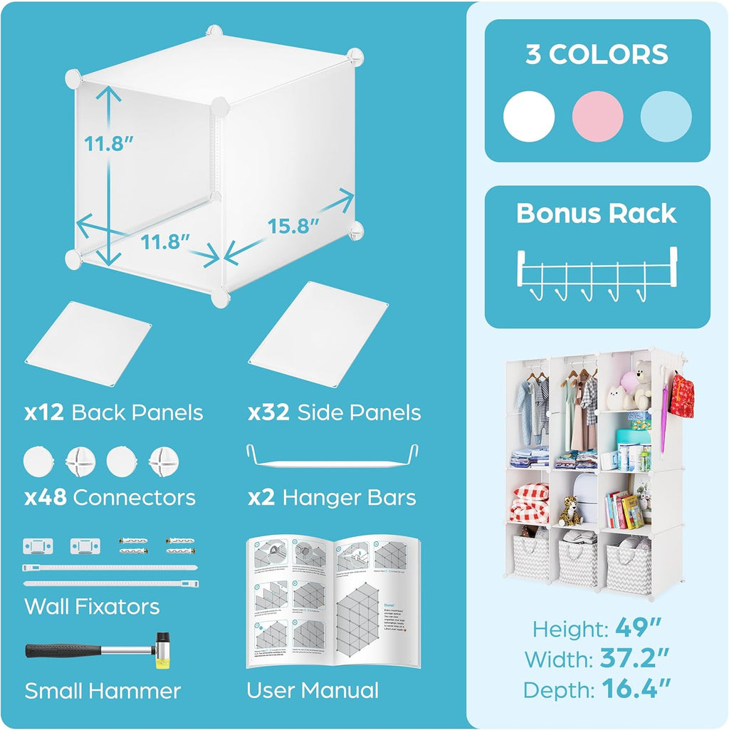 CUBEDIY Baby Closet Organizer for Nursery: Durable Baby Wardrobe for Closet - Customizable Baby Dresser Amoire Shelves - Waterproof Shelf Clothes Organizer w/Wall Fixation (White)