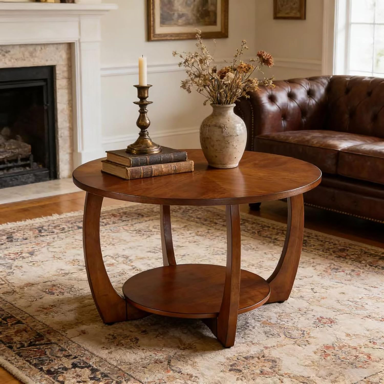 29.5" Round Coffee Table, 2-Tier Circle Coffee Table with Storage Removable Lower Shelf, Solid Wood Accent Center Table for Living Room, Curved Cross Legs & Walnut Finished, Easy Assembly, Dark Brown