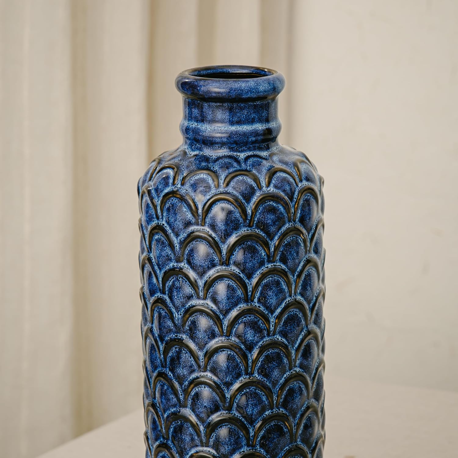 Ceramic Flower Vase,13.98" Tall Vintage Blue Pottery Vase for Home Decor, Rustic Textured Vase for Pampas Grass, Living Room, Entryway, Mantel, Kitchen Table