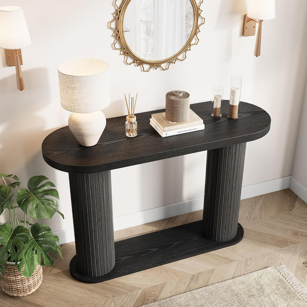 Garvee Fluted Console Table, 42.5 Inch Narrow Wood Entryway Table with Storage Shelf, Sofa Table Behind the Couch, for Hallway, Living Room, Foyer, Entrance, Black