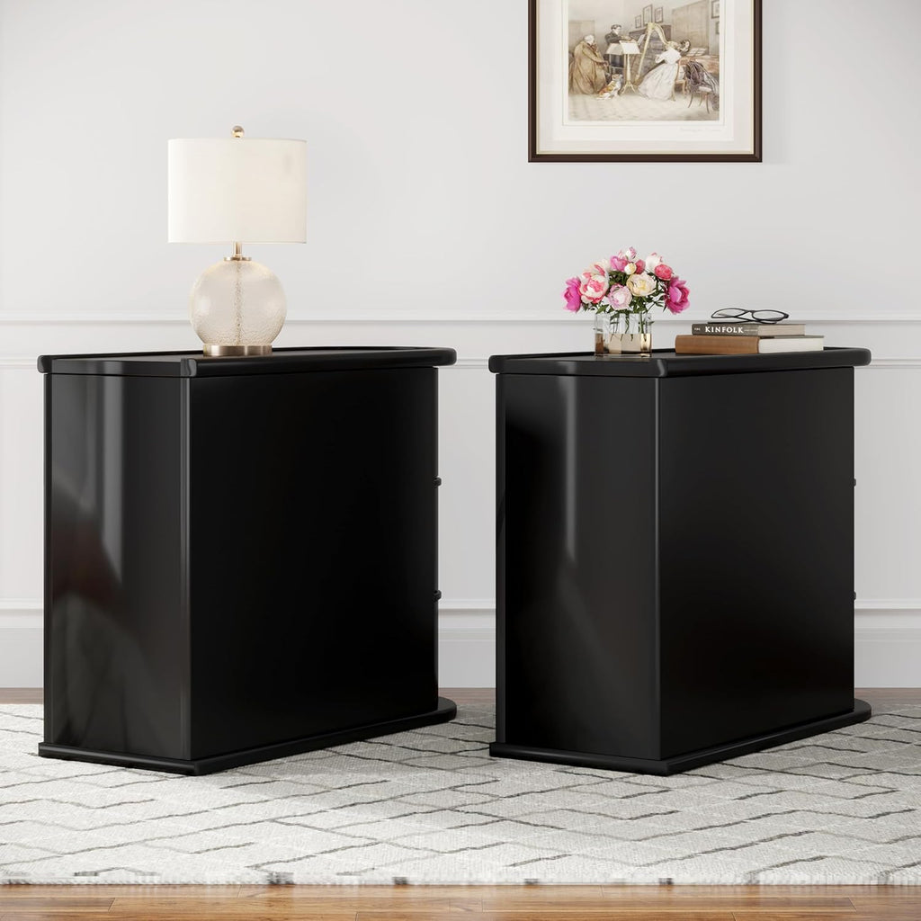 Wood End Table with 3 Drawers, No Assembly Required Narrow Sofa Side Table for Living Room, Vintage Slim Nightstand Bedside Table Bedroom (3 Drawers, Black, 2 Pcs)