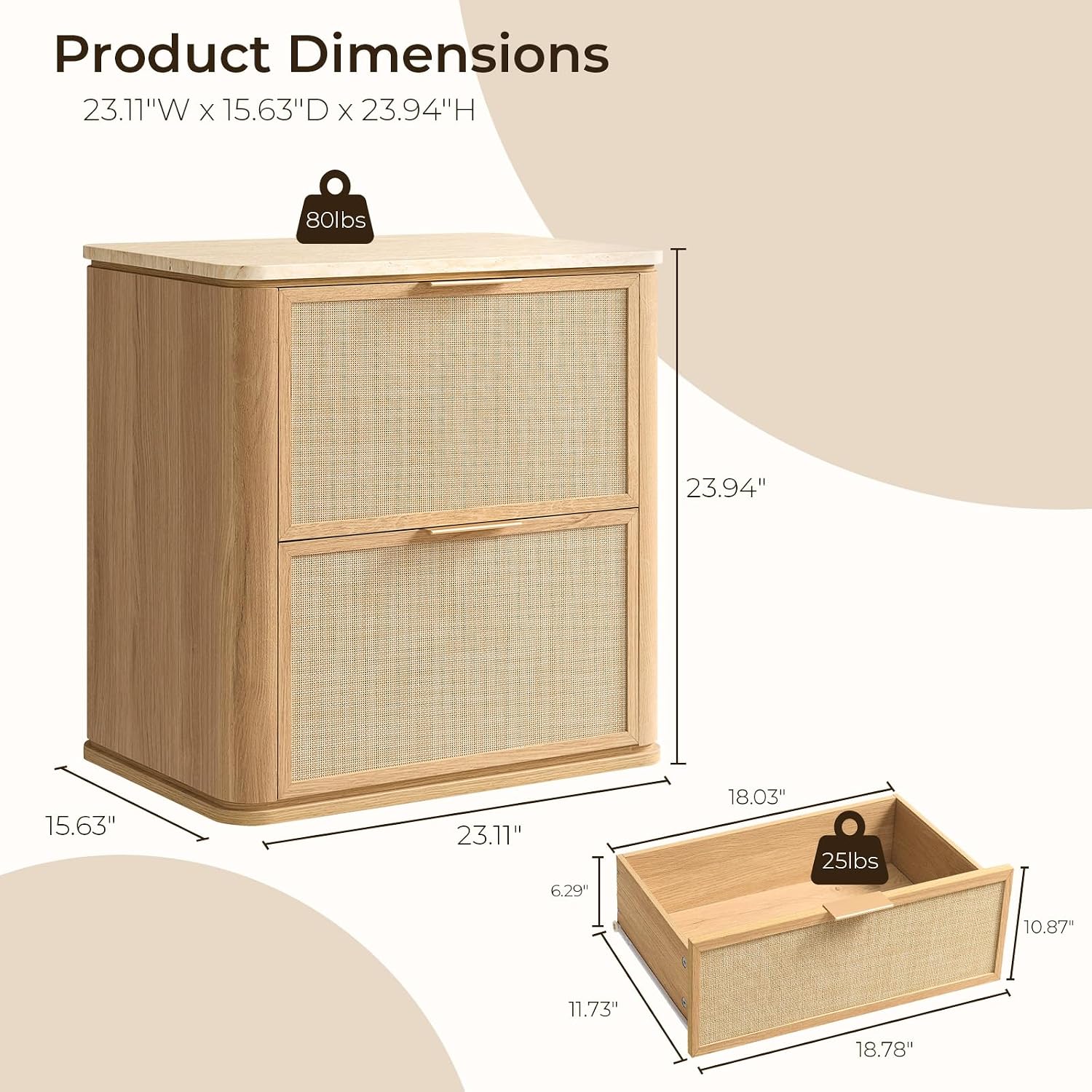 NightStand Set of 2, 23.11" W Rattan Nightstand with 2 Drawers, Faux Marble Top Bedside Table, Boho Mid Century End Table for Bedroom Living Room Sofa Office, Natural Oak [FSC Certified]