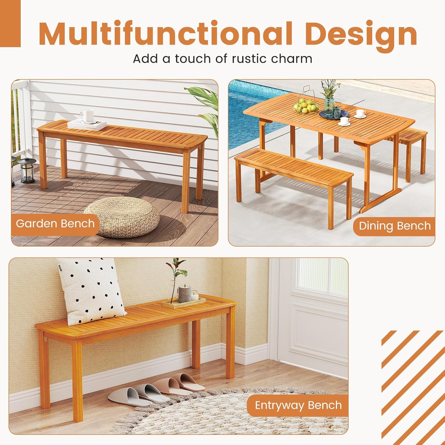 Tangkula Acacia Wood Outdoor Bench, 47" Patio Dining Bench with Slatted Seat, Backless Wooden Garden Bench, Farmhouse Furniture for Garden, Entryway, Poolside, Porch, Balcony, Park & Deck