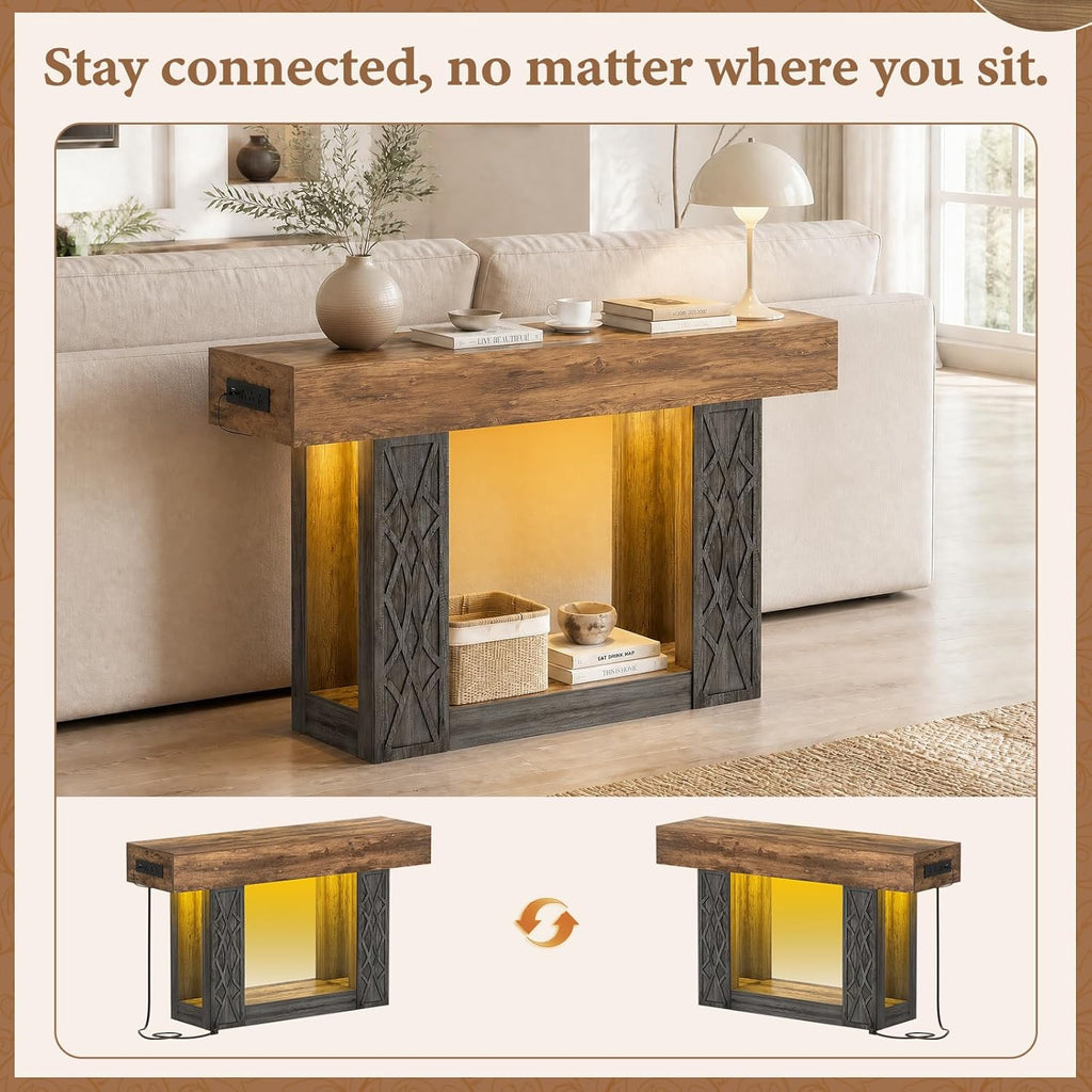 Unikito 47" Console Table with Outlets & LED Lights, Farmhouse Entryway Table with Unique Geometric Pattern, Sofa Table Behind Couch with 2-Tier Storage for Living Room, Hallway, Foyer, Grey & Brown