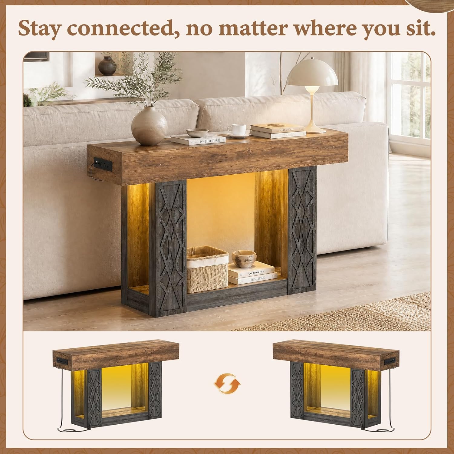 Unikito 47" Console Table with Outlets & LED Lights, Farmhouse Entryway Table with Unique Geometric Pattern, Sofa Table Behind Couch with 2-Tier Storage for Living Room, Hallway, Foyer, Grey & Brown