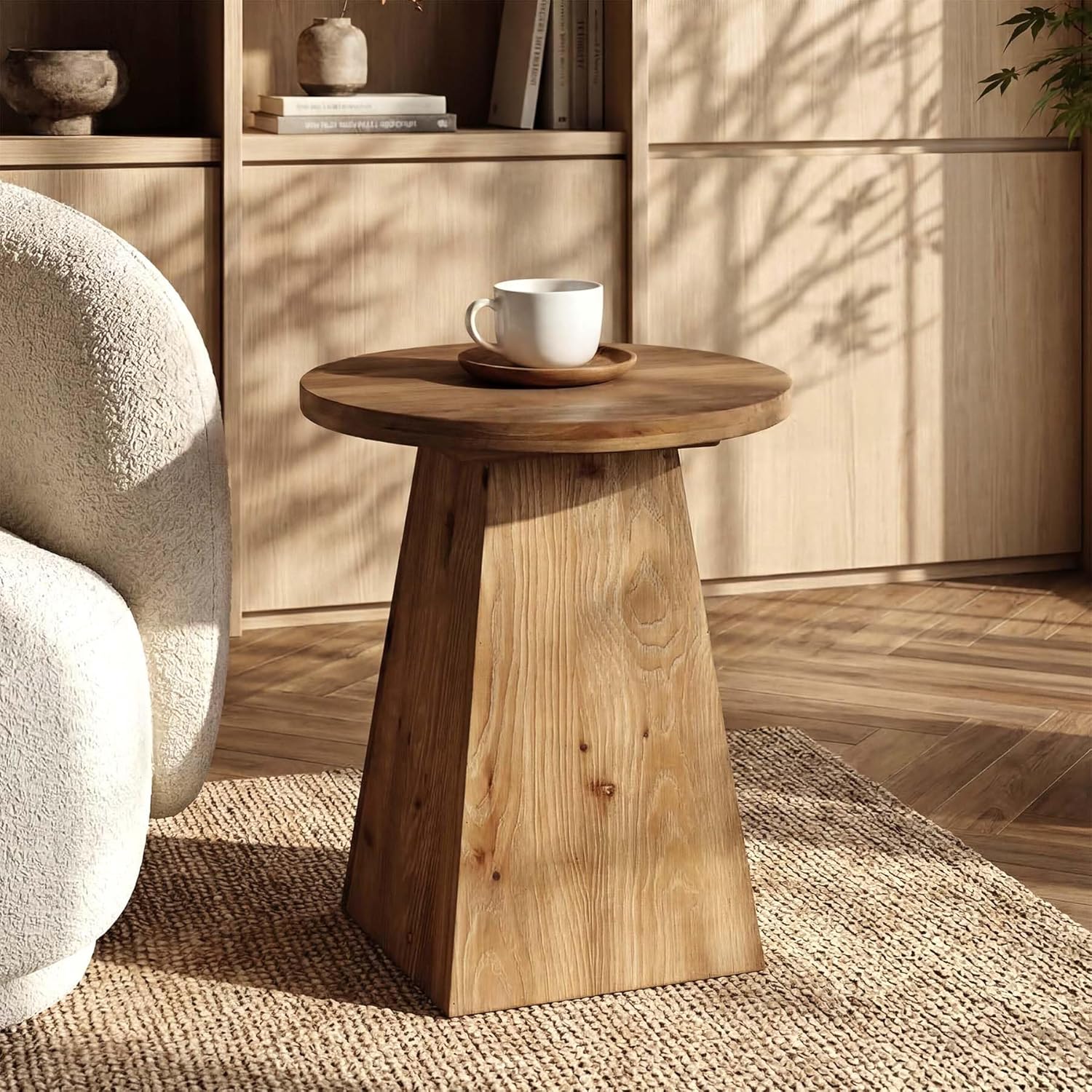 Solid Wood End Table Set of 2, 19” Round Side Table with Trapezoid Base for Small Spaces, Living Room, Easy Assembly, Vintage Brown