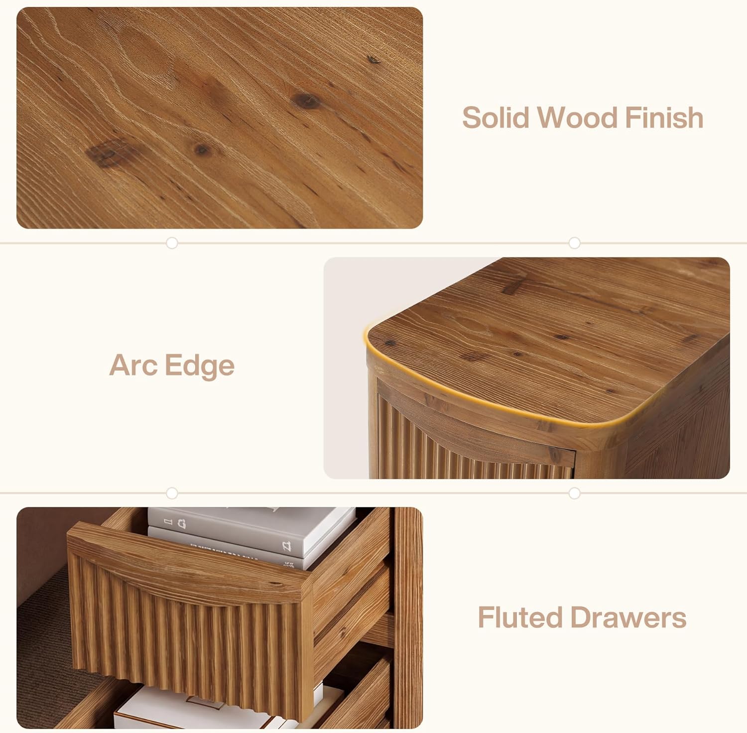 Solid Wood End Table with 3 Drawers, 24" Farmhouse Fluted Narrow Side Table, Slim Sofa Side Table for Small Spaces, Rustic Nightstand with Storage for Living Room Bedroom