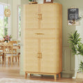 HUAHUU Kitchen Pantry Cabinet, 71" Tall Pantry Storage Cabinet with Rattan Doors, Large Drawer, Modern Curved Cabinets for Kitchen, Dining Living Room, 10 Compartment Wooden Food Pantry, Natural
