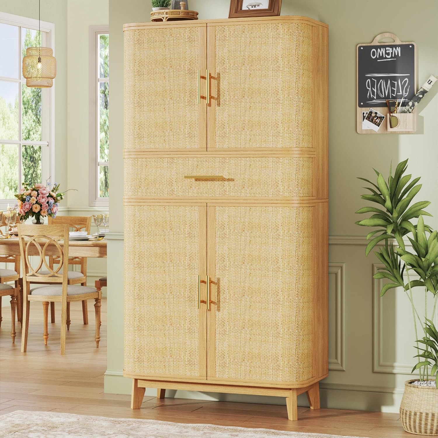 HUAHUU Kitchen Pantry Cabinet, 71" Tall Pantry Storage Cabinet with Rattan Doors, Large Drawer, Modern Curved Cabinets for Kitchen, Dining Living Room, 10 Compartment Wooden Food Pantry, Natural
