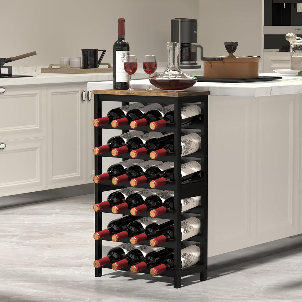 MOGELAFOO 6 Tier Bamboo Wine Rack Freestanding Floor, 24 Bottles Wine Storage Shelves with Table Top, Stackable Wine Display Rack for Kitchen, Bar, Dining Room, Rustic Brown and Black