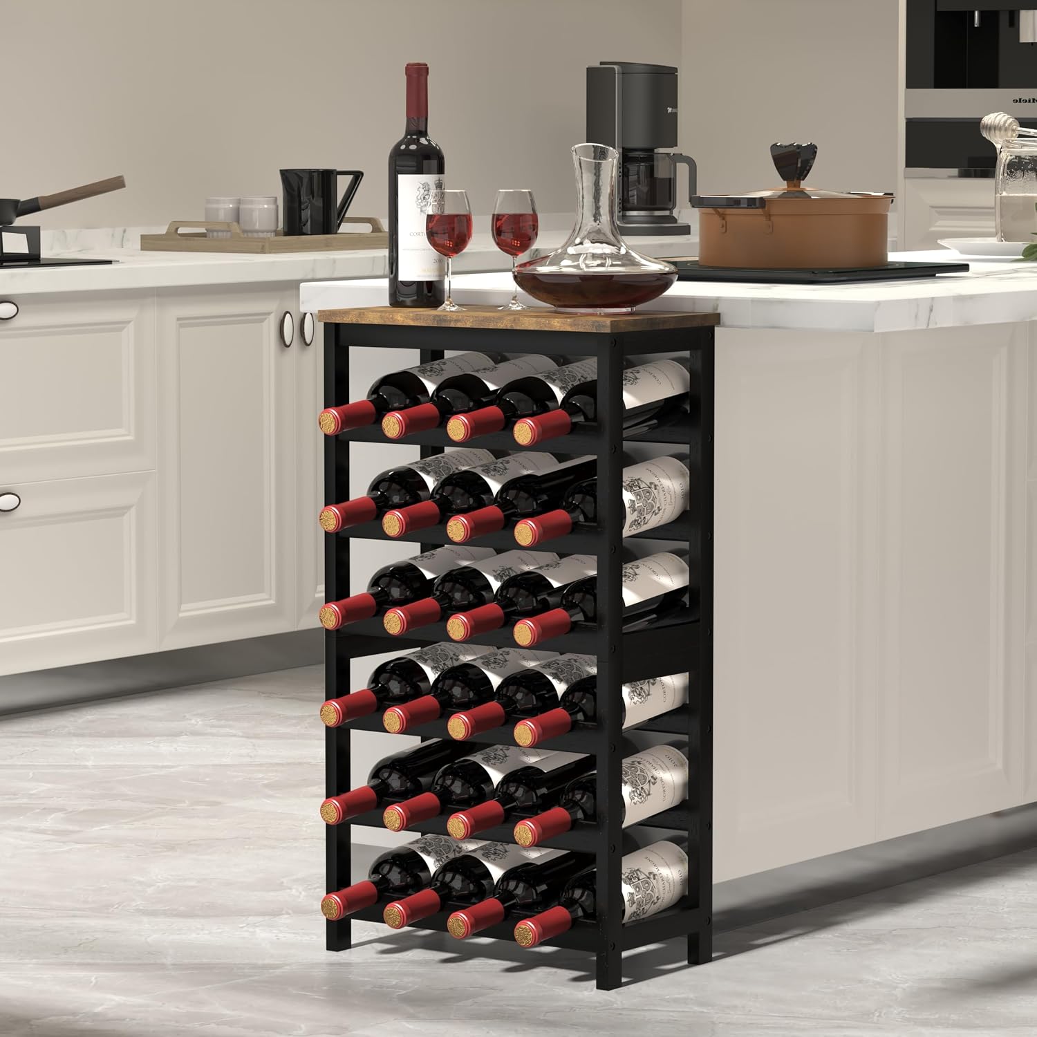 MOGELAFOO 6 Tier Bamboo Wine Rack Freestanding Floor, 24 Bottles Wine Storage Shelves with Table Top, Stackable Wine Display Rack for Kitchen, Bar, Dining Room, Rustic Brown and Black