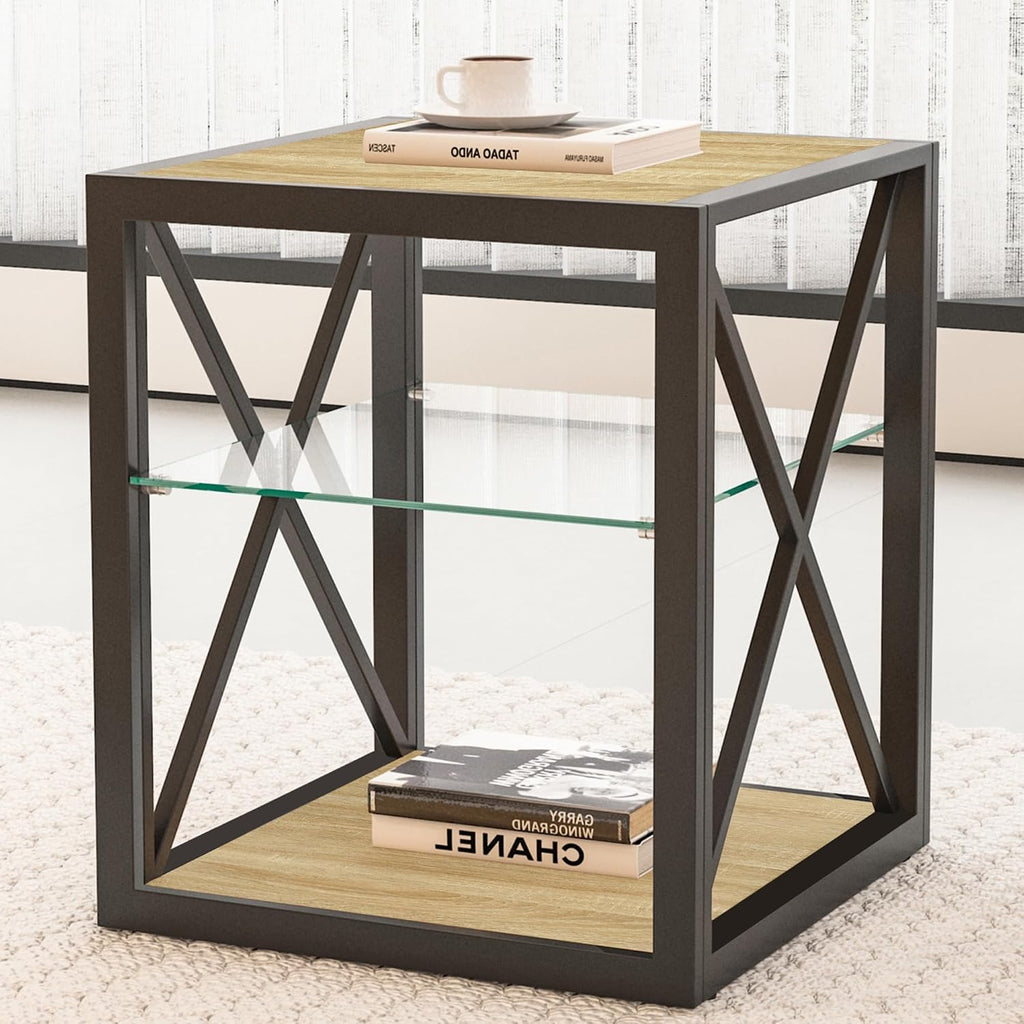 Modern Industrial End Table Nightstand with Tempered Glass Top & Natural Wood MDF, 3-Tier Storage, X-Frame Metal Base, Space-Saving Side Table for Bedroom & Living Room