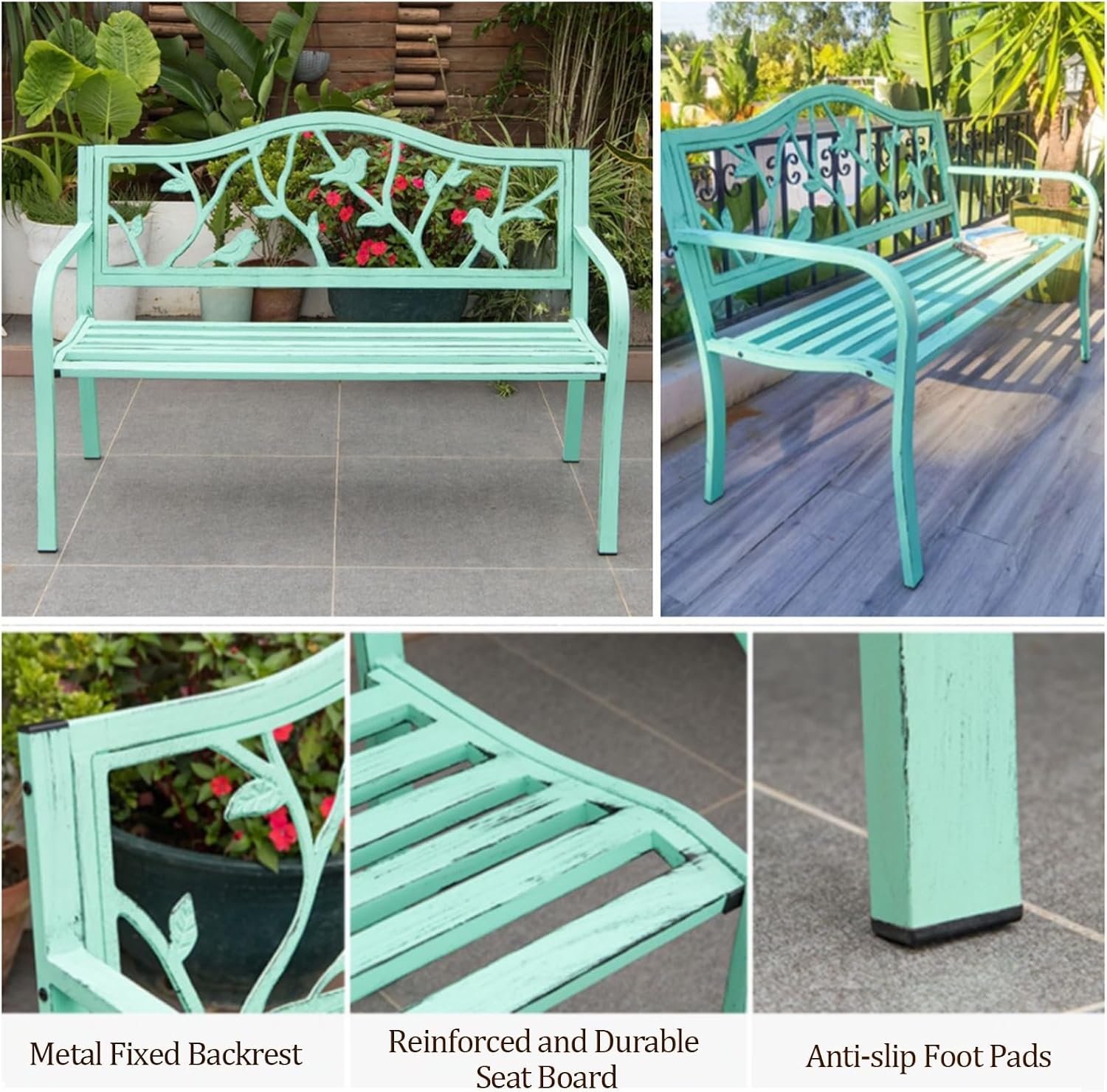 50" Outdoor Garden Bench, Slatted Seat w/Bird Pattern Backrest & Armrests, Green Patio Metal Frame Garden Bench, Durable Weather-Resistant, for Garden/Terrace