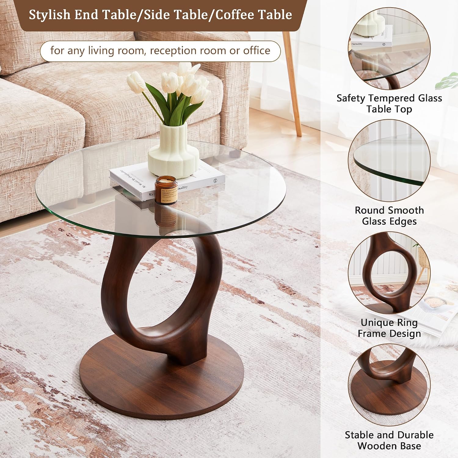 27.5” Large Glass End Table, Round Side Tables with Tempered Glass Tabletop, Modern Night Stand Sofa Table, Small Coffee Table with Wooden Base for Living Room Office Bedroom, Walnut