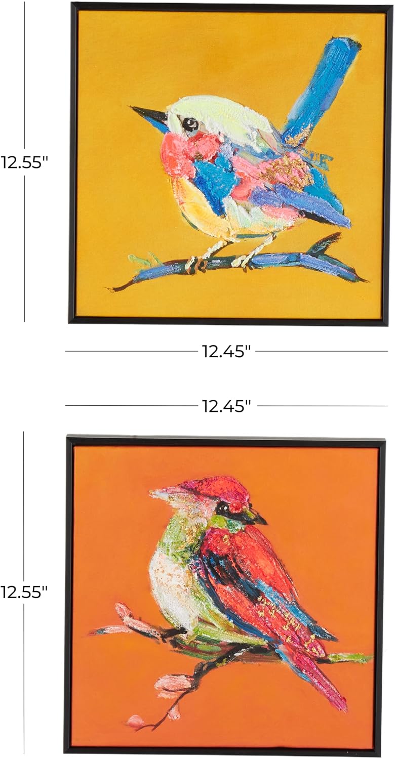 Deco 79 Canvas Bird Living Room Framed Wall Art 3D Textured Canvas Wall Art with Black Frame and Gold Foil Accents, Set of 2 Wall Art 12" W, 13" H, Multi Colored