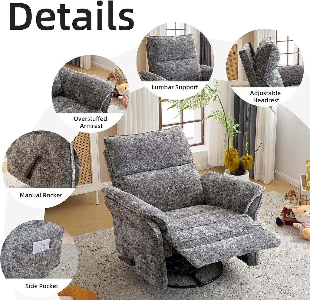 Oversized Glider Rocker Recliner, 26" Extra Wide 360° Swivel Nursery Recliner with Adjustable Headrest, Chenille Rocking Nursery Chair with Overstuffed Armrest, Lumbar Support, Dark Grey