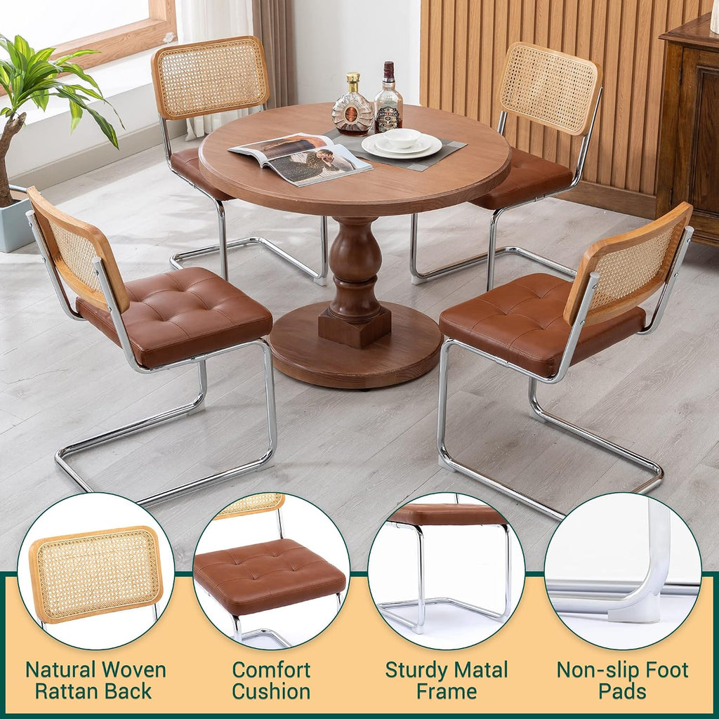 KCC Modern Dining Chairs Set of 2, Faux Leather Rattan Chair,Brown | Mid Century Kitchen Side Chairs with Metal Legs and Upholstered Seat for Dining Room,Living Room,Bedroom
