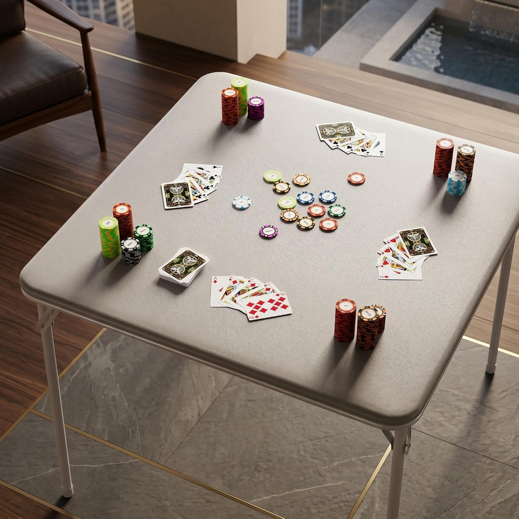 Garvee 34 Inch Square Folding Card Table for 4 Players, Portable Foldable Table with Waterproof PU Padded Top, Easy Setup Anti-Wobble Metal Frame for Board Games, Dining & Parties, Grey，Table only