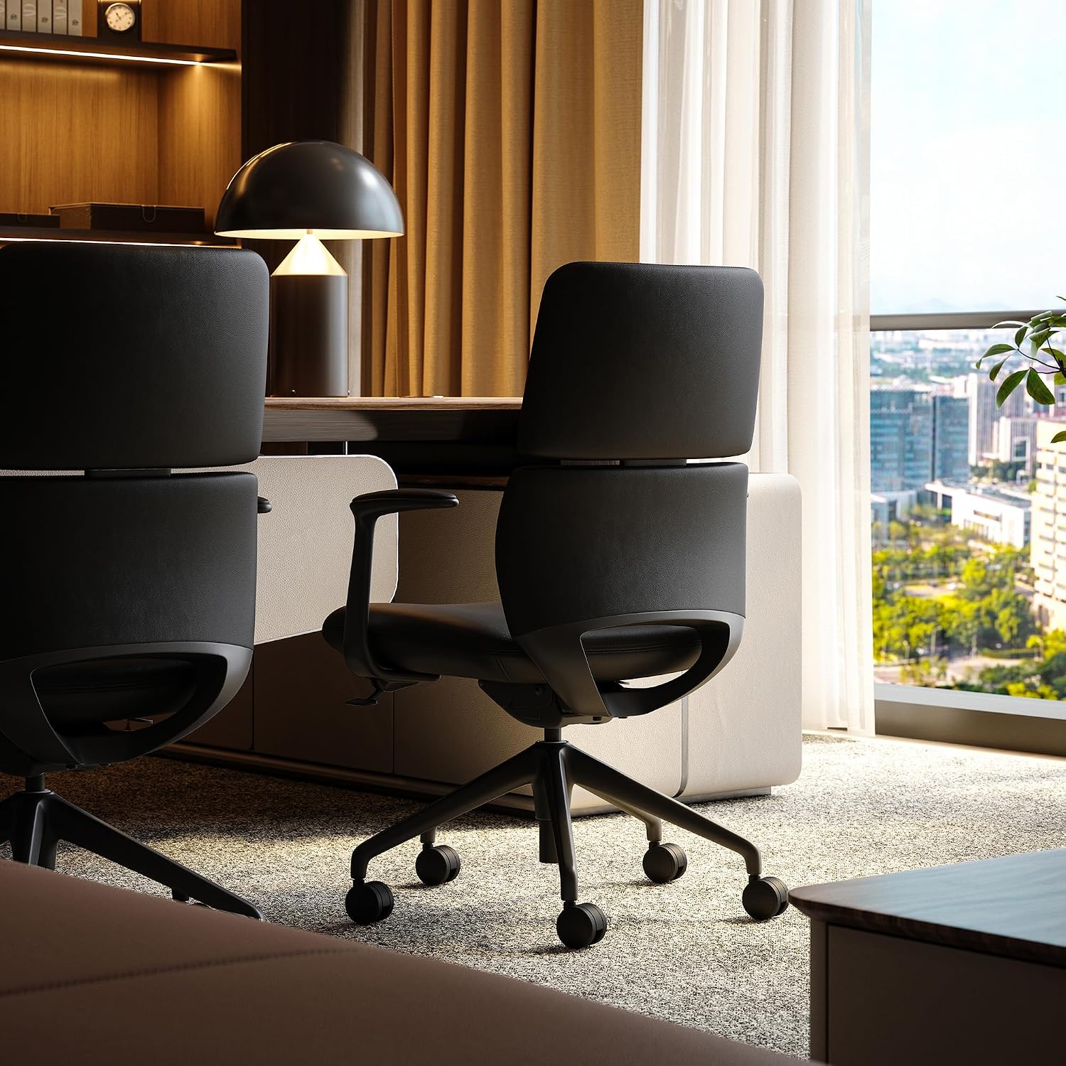 TOMU Genuine Leather Office Desk Chair with Wheels, Ergonomic Leather Executive Chair, Mid Back, Swivel Base with Adjustable Tilt, Modern Style, Luxury Aluminum Frame
