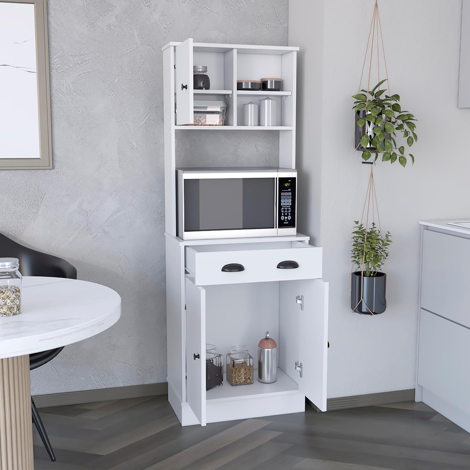 White 3-Door Kitchen Cabinet with Drawer & Microwave Space - Small Kitchen Storage
