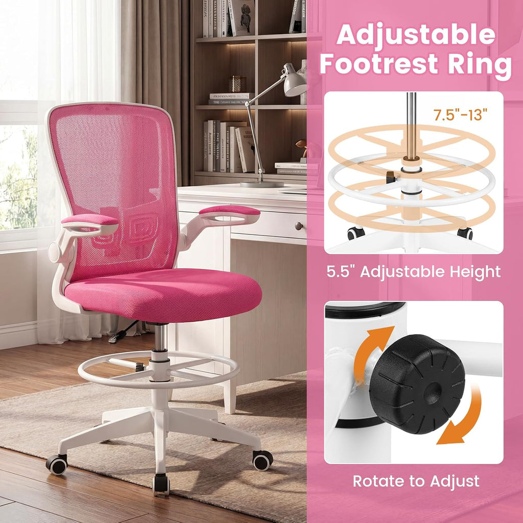 Giantex Ergonomic Drafting Chair Tall Office Chair with Flip-Up Armrests Footrest Ring Height Adjustable Executive Task Chair Mesh Computer Standing Desk Chair Lumbar Support for Home Office (Pink)