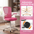 Giantex Ergonomic Drafting Chair Tall Office Chair with Flip-Up Armrests Footrest Ring Height Adjustable Executive Task Chair Mesh Computer Standing Desk Chair Lumbar Support for Home Office (Pink)