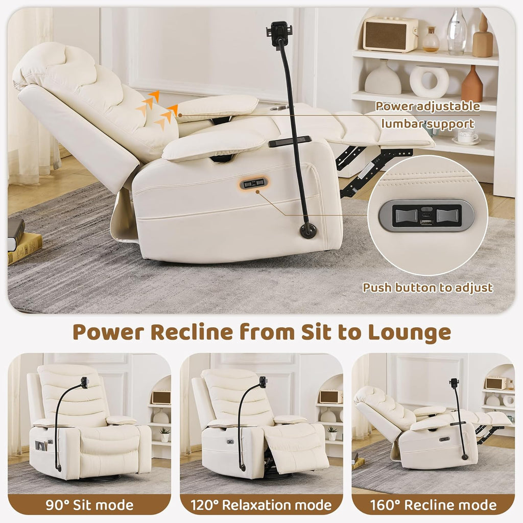 Olela Power Glider Recliner Nursery Chair, Leather Swivel Rocking Chair with Electric Lumbar Support, USB Charging, Smart Cup Holder, Light, Adjustable Armrest, Wireless Phone Charger Holder