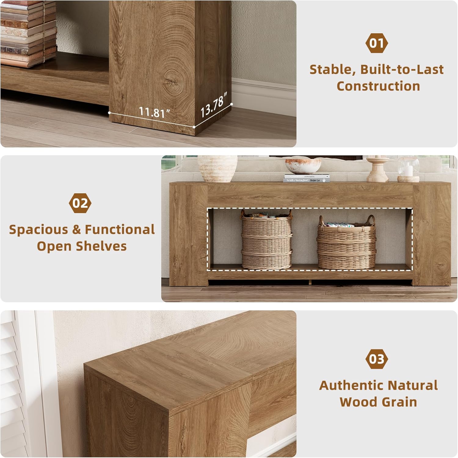 Epecoya 86-Inch Extra Long Console Table for Entryway, Farmhouse Sofa Table Behind Couch Wooden, 2-Tier Entry Console Tables with Storage for Entrance, Living Room, Natural Oak Brown