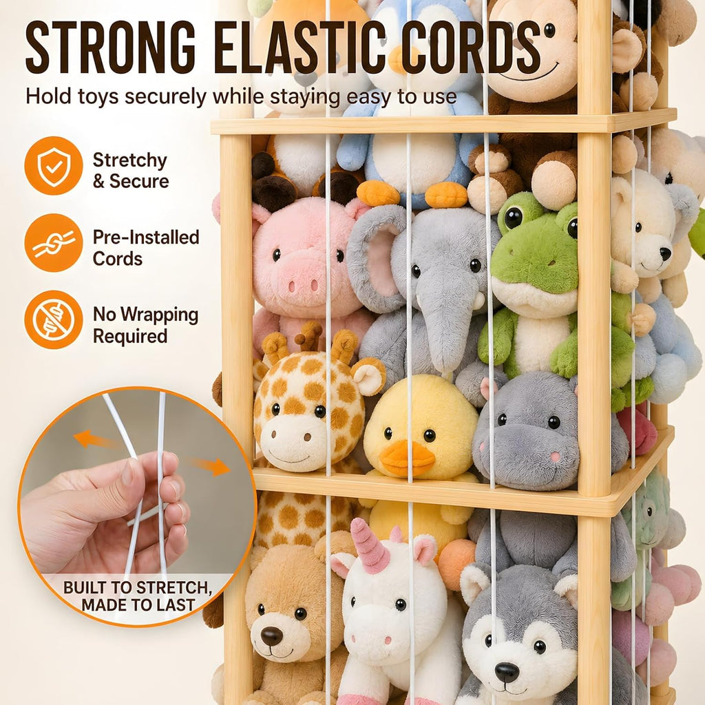 Stuffed Animal Storage & Organizer, Wooden Cute Zoo | 2 Removable Hanging Storage Net, Toy Holder, For Toddler Rooms, Playrooms & Bedrooms