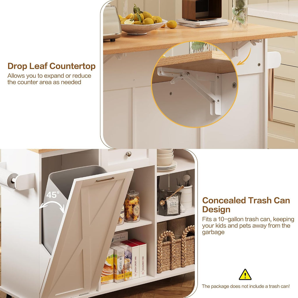 52" Rolling Kitchen Island with Drop Leaf & Trash Can Storage, Kitchen Island Cart with Spice Rack & Towel Rack, Mobile Island Table for Kitchen