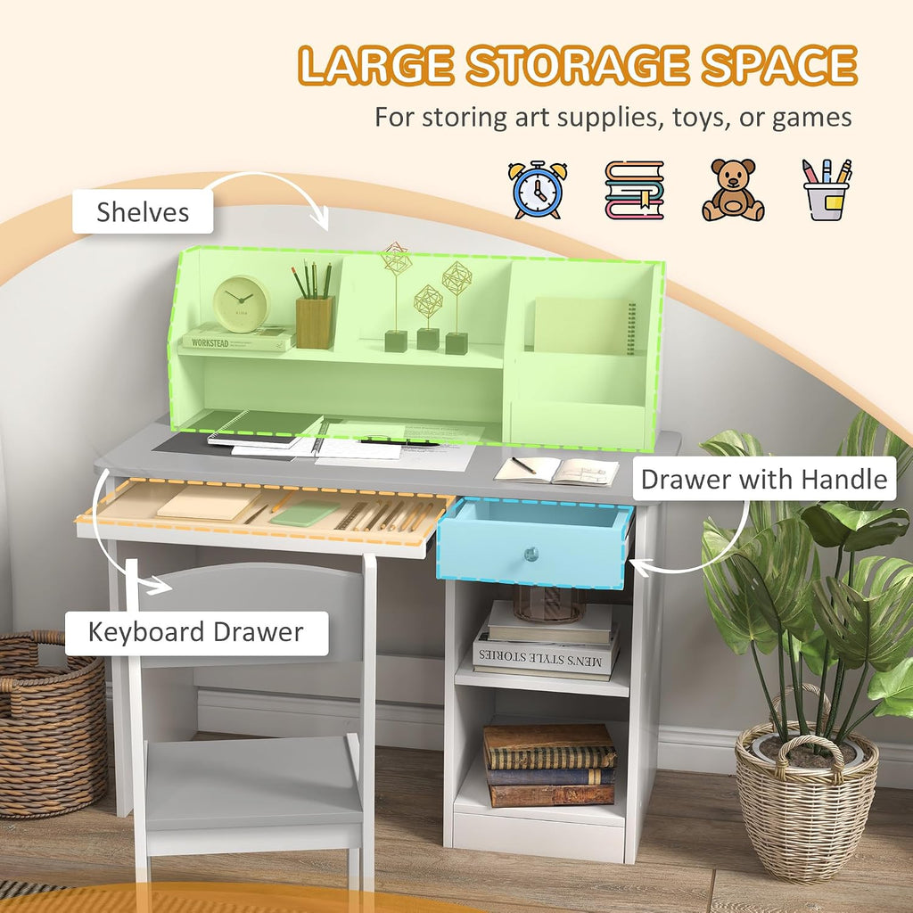 Qaba Kids Desk and Chair Set with Storage, Study Desk with Chair for Children 5-8 Years Old, Gray