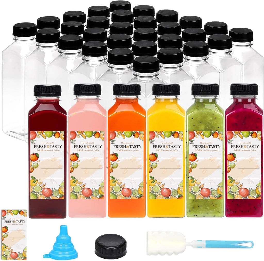TOMNK 45pcs Juice Bottles with Lids, 16oz Reusable Plastic Juice Bottles with Caps and Labels, Funnel, Brush Beverage Containers for Juicing, Smoothies, Tea, Milk