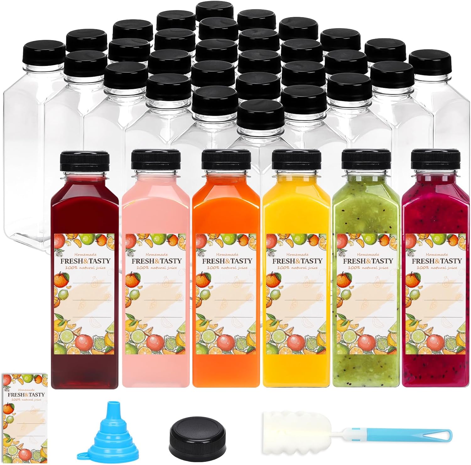 TOMNK 45pcs Juice Bottles with Lids, 16oz Reusable Plastic Juice Bottles with Caps and Labels, Funnel, Brush Beverage Containers for Juicing, Smoothies, Tea, Milk