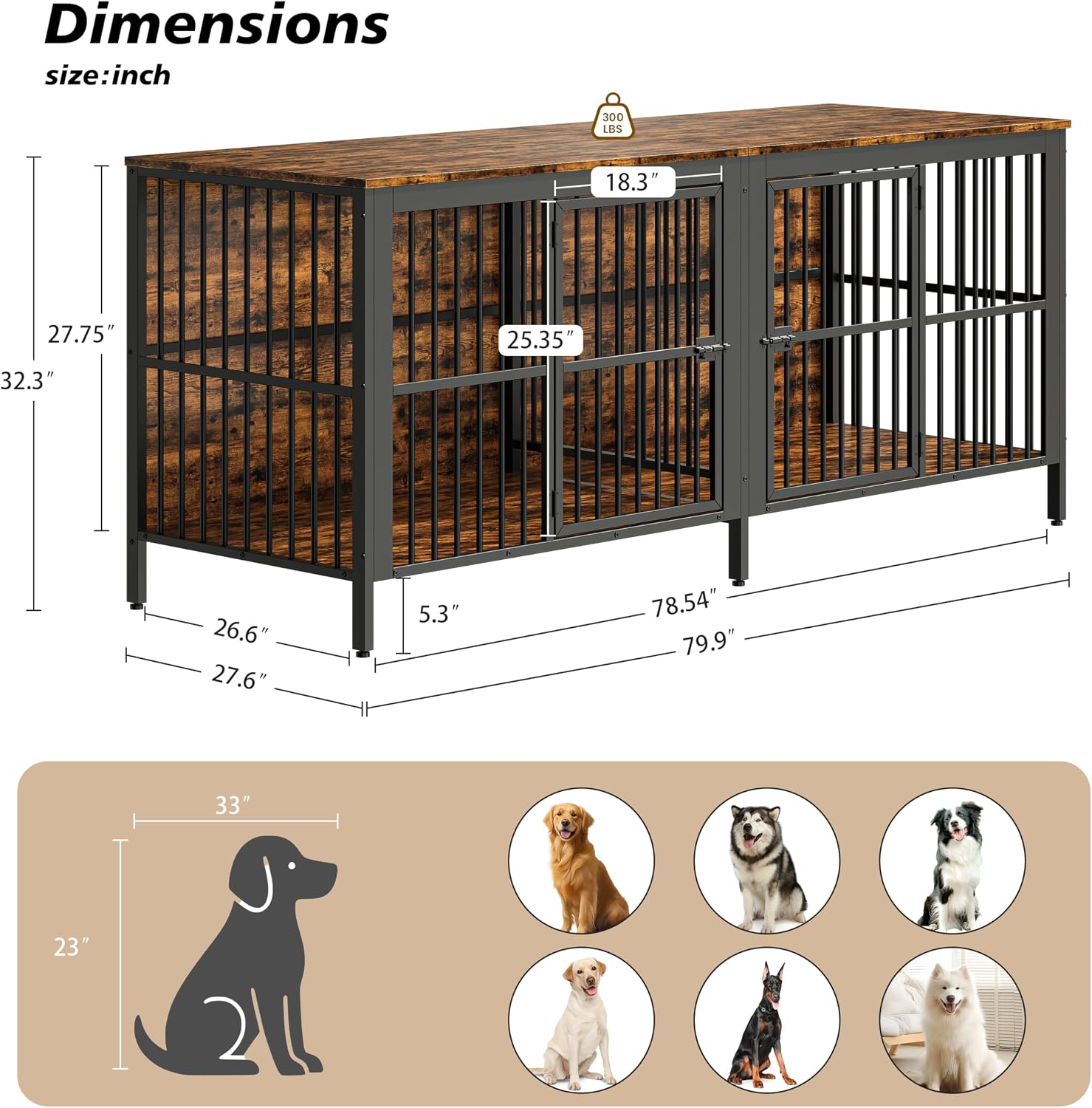 80" Dog Crate End Table, Rustic Brown, Large & Medium Dogs
