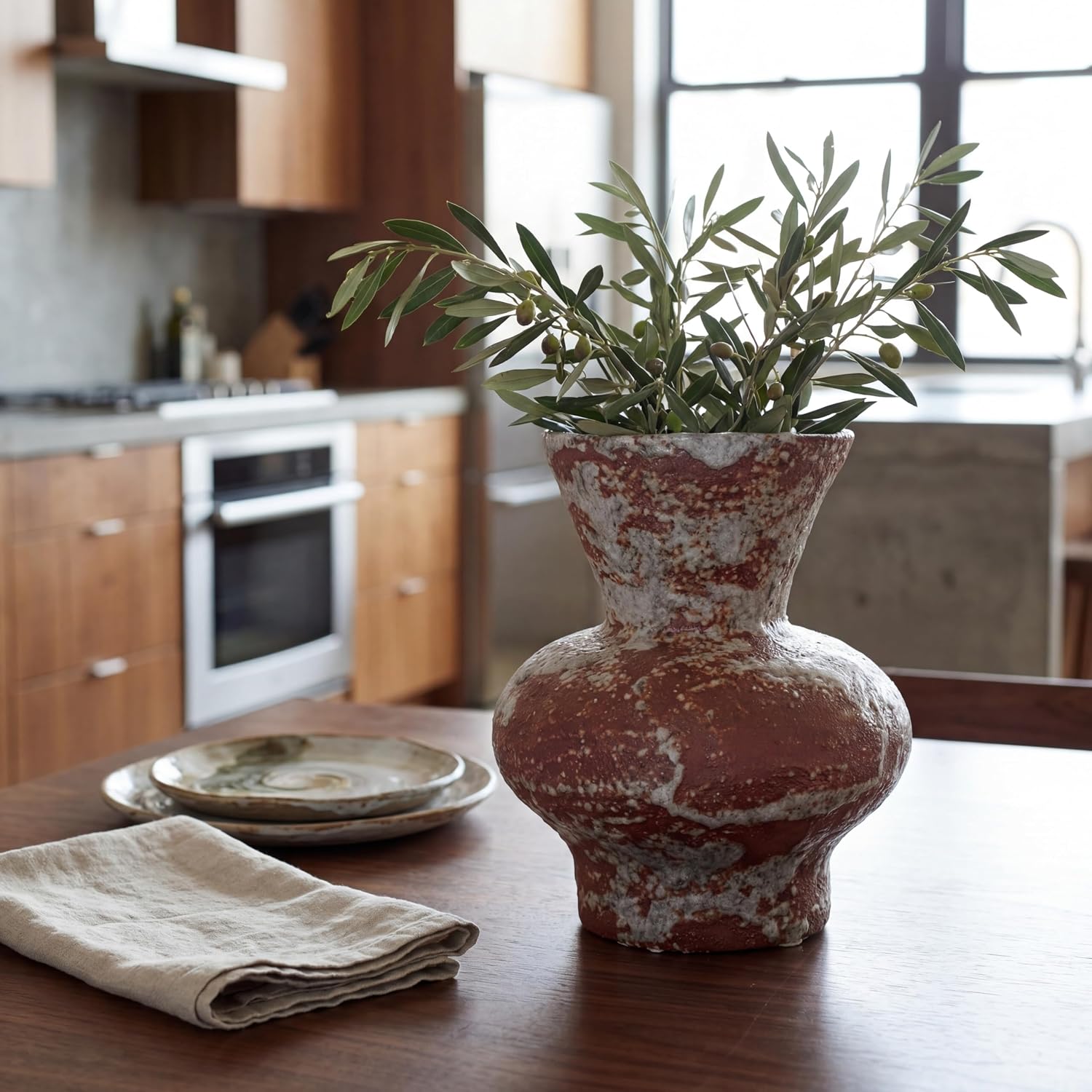 Rustic Ceramic Flower Vase for Home Decor, Handmade Vintage Stoneware Clay Pottery Terracotta Textured for Modern Farmhouse, Living Room, Office Desk Table Shelf (Dark Brown and White) 5.5IN
