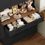 FACBOTALL Tall Kitchen Pantry Cabinet, Farmhouse Food Pantry Cabinet with Doors and Adjustable Shelves, Kitchen Hutch with Countertop and Microwave Stand for Dining Room, Living Room, Black
