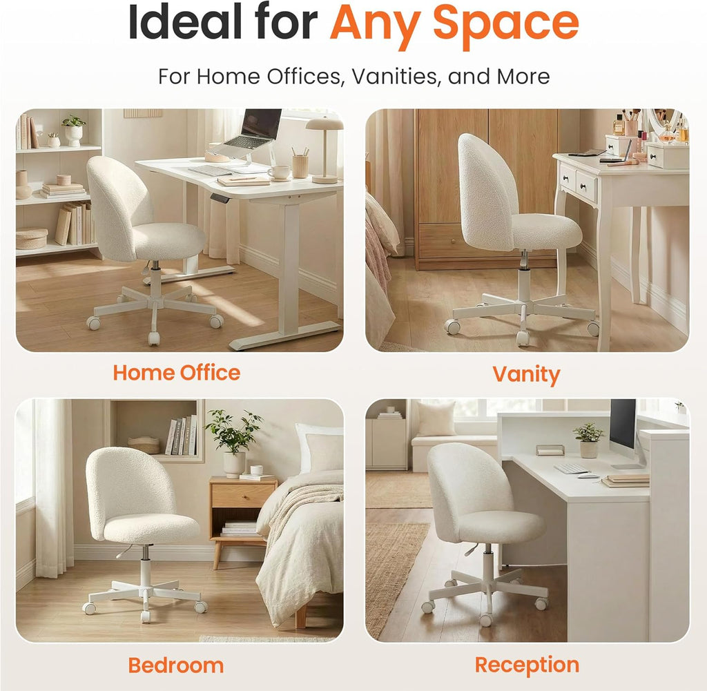 NEO CHAIR Office Vanity Chair with Wheels Comfy Desk Chair for Girls Cute Computer Small Armless Adjustable Height Swivel for Home Bedroom Task (White)