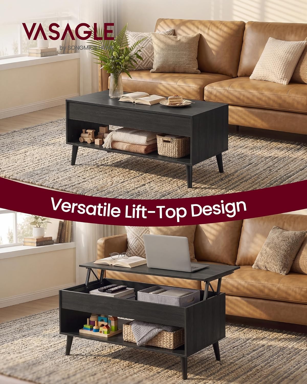 VASAGLE Lift Top Coffee Table, Lift Tabletop Dining Table, Gas Spring, Hidden Compartment, Open Storage Shelf, for Living Room, Home Office, Charcoal Gray ULCT268BA01S