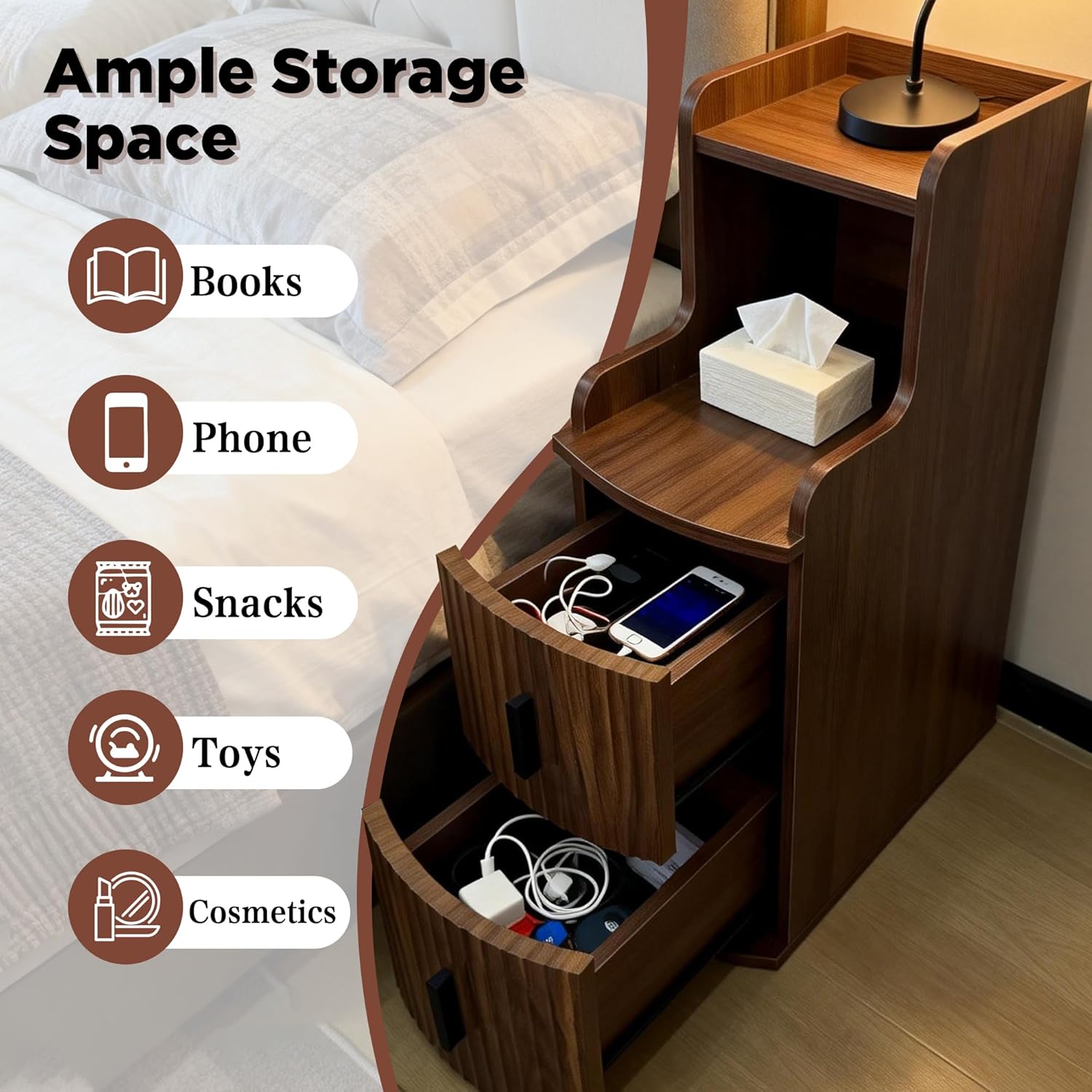 Narrow End Tables Set of 2 with 2 Storage Drawers for Living Room Office Slim Side Tables Small Nightstands Modern Beside Tables for Sofa Bedroom Small Spaces (2, Walnut)