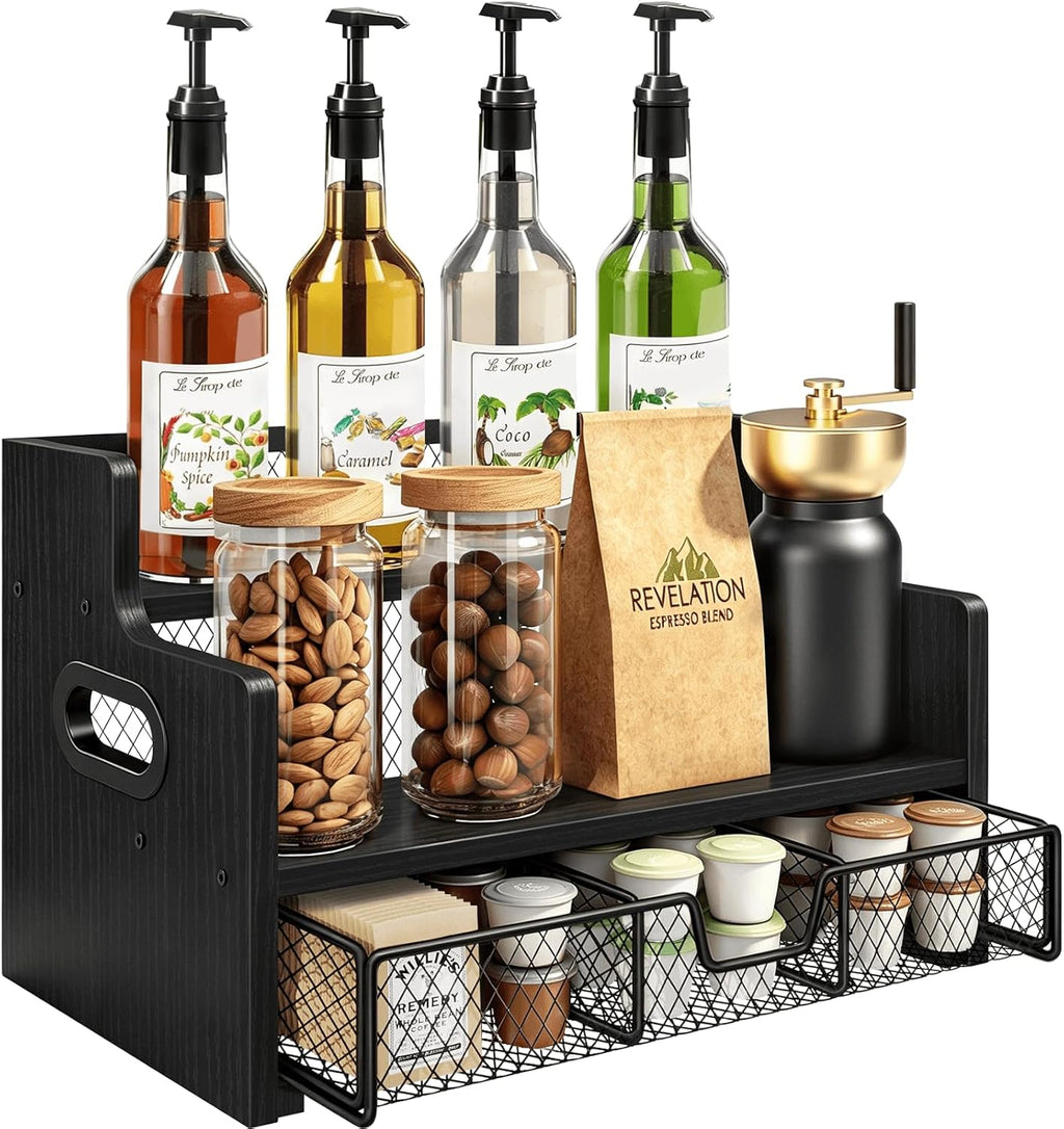 Homode Coffee Syrup Organizer Rack, 3-Tier Syrup Holder Stand with 35 K Cup Storage Drawer, 8 Bottles Capacity, Wood Shelf Liquor Wine Rack for Coffee Bar Countertop, Black