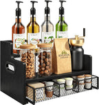 Homode Coffee Syrup Organizer Rack, 3-Tier Syrup Holder Stand with 35 K Cup Storage Drawer, 8 Bottles Capacity, Wood Shelf Liquor Wine Rack for Coffee Bar Countertop, Black