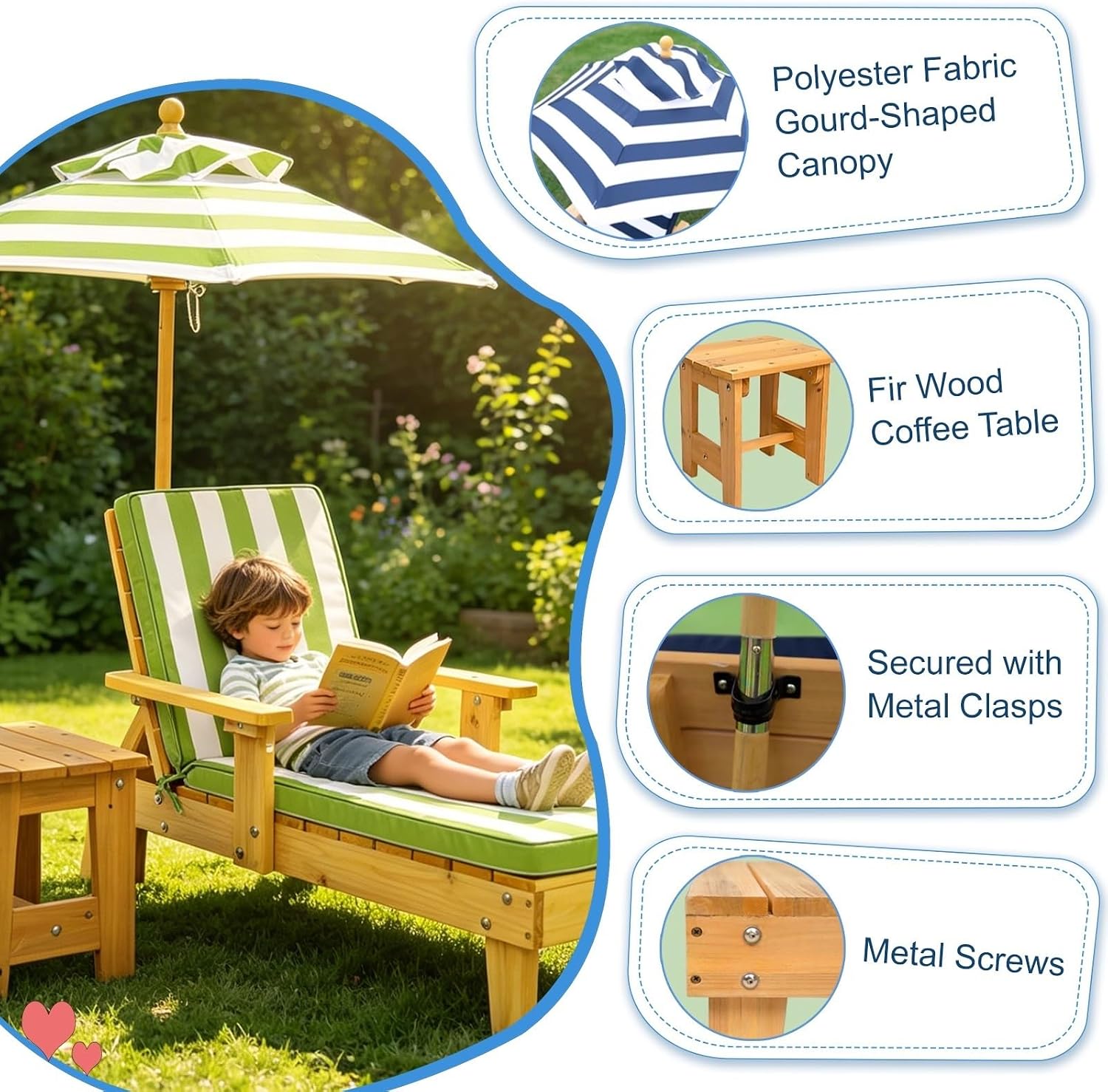 Kids Lounge Chair Outdoor, Toddler Chaise Lounge w/Removable Striped Fabric Cushions, Parasol and Coffee Table, Minimalist Patio Furniture for Pool Beach Backyard Lawn(Green)