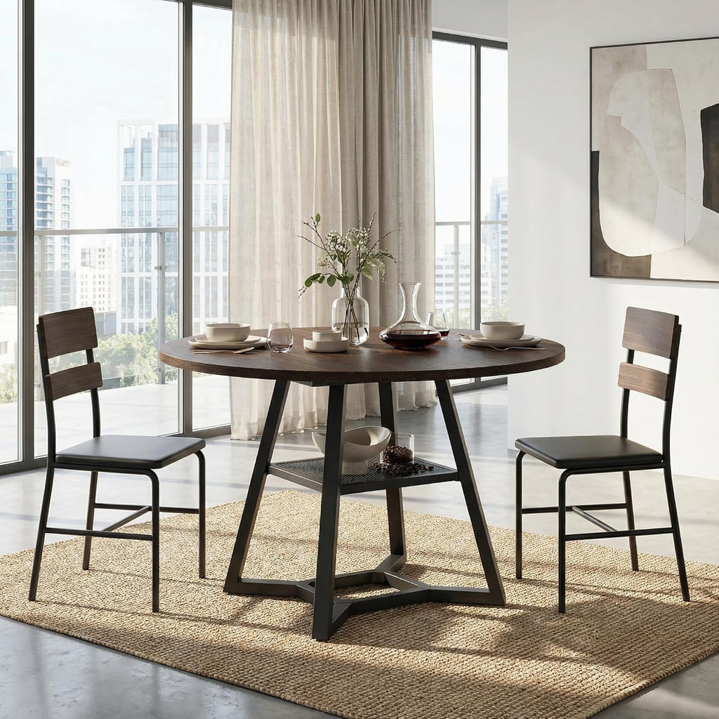 knoworld Round Dining Table for 4-6 with Storage Shelf, Kitchen & Dining Room Circle Pedestal Table, Heavy Duty Metal Frame & Wood Top