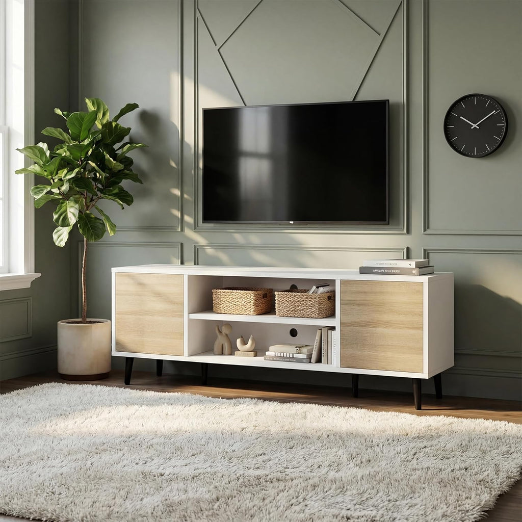 YESHOMY Mid-Century Modern TV Stand for 43-55 Inch TVs, 50 Inch Entertainment Center with Storage, Media Console with Push-to-Open Doors and Cable Management for Living Room, Bedroom (White and Beige)