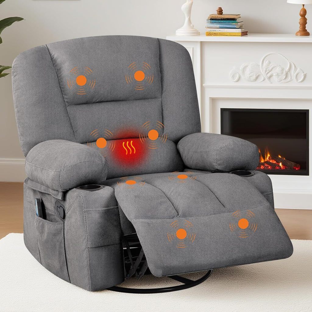 Swivel Rocker Recliner Chair with Heat and Massage, 360° Swivel Vibration Recliner Nursery Glider with Side Pocket and Cup Holders for Living Room, Bedroom, Home Theater Dark Grey